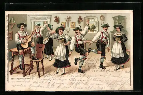 Lithographie Schuhplattler-Tanz im Gasthaus, Volkstanz