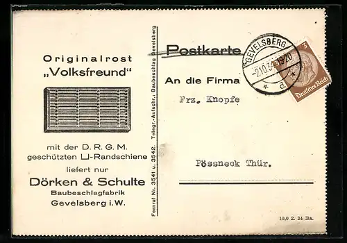 AK Gevelsberg i. W., Dörken & Schulte Baubeschlagfabrik, Reklame für Originalrost Volksfreund