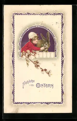 AK Mädchen füttert Osterhase mit Blume