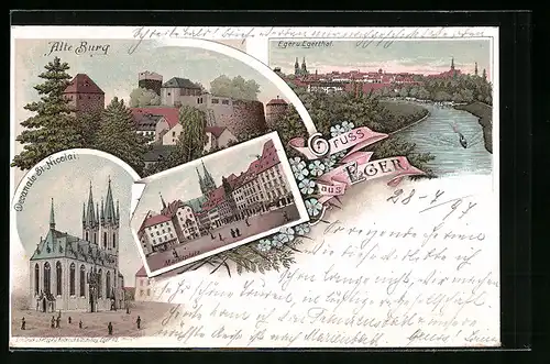 Lithographie Eger, Alte Burg, Decanale St. Nicolai, Marktplatz, Panorama mit Dampfer