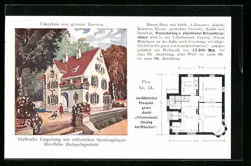 AK Gauting, Villenkolonie Gauting, Gundriss einer Villa Plan Nr. 14, Aussenansicht