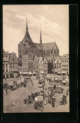 AK Rostock, Neuer Markt mit Strassenbahn