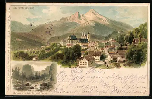 Lithographie Berchtesgaden, Ortsansicht, Ramsau m. Mühlstutzhörner