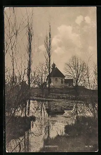 AK Dreibrunnen, Uferpartie mit Kirchblick