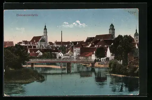 AK Donauwörth, Uferpartie mit Kirche und Brücke