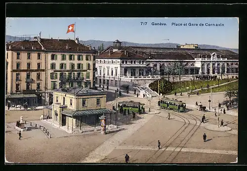 AK Geneve, Place et Gare de Cornavin, Strassenbahnen