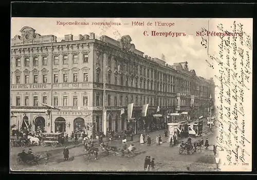 AK St. Petersbourg, Hotel de l`Europe, Strassenbahn