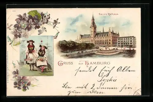 Lithographie Hamburg, Neues Rathaus, Vierländerinnen in Tracht