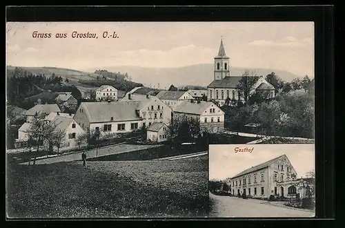 AK Crostau /O.-b., Gasthof mit Strasse, Ortsansicht mit Feldern