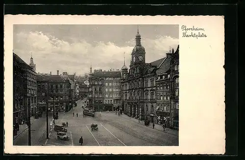 AK Pforzheim, Marktplatz und Strassenbahn