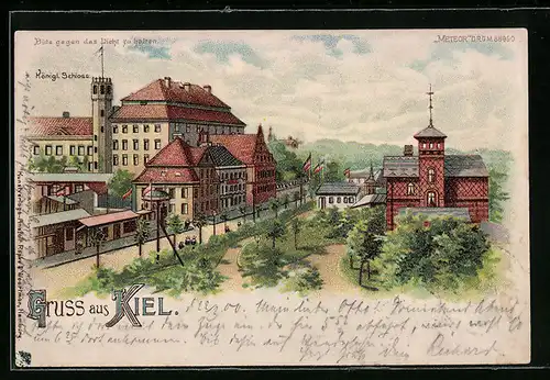 Lithographie Kiel, Königliches Schloss, Halt gegen das Licht: Vollmond