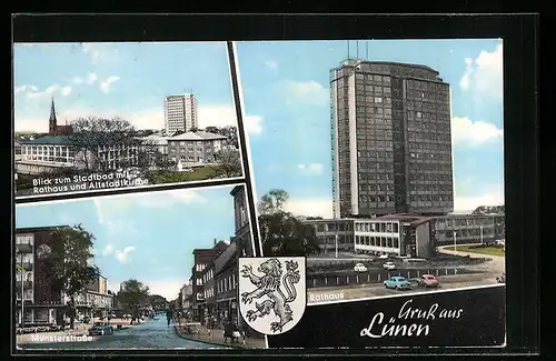 AK Lünen, Stadtbad mit Rathaus und Altstadtkirche, Münsterstrasse, Rathaus