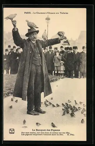 AK Paris, Le charmeur d`Oiseaux aux Tuilleries, le V'Banquet des Pigeons, Mann mit Tauben