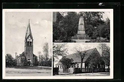 AK Staffelde i. Nm., Denkmal, Kaufhaus Paul Pade