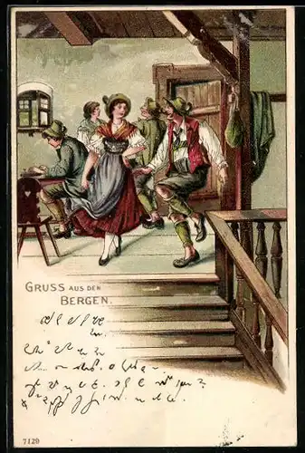 Lithographie Gruss aus den Bergen, Paar beim Volkstanz