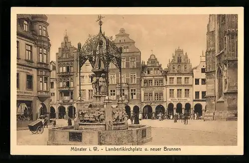 AK Münster i. W., Lambertikirchplatz und neuer Brunnen