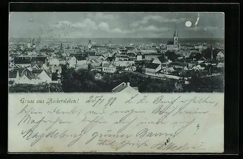 Mondschein-AK Aschersleben, Stadtansicht aus der Vogelschau