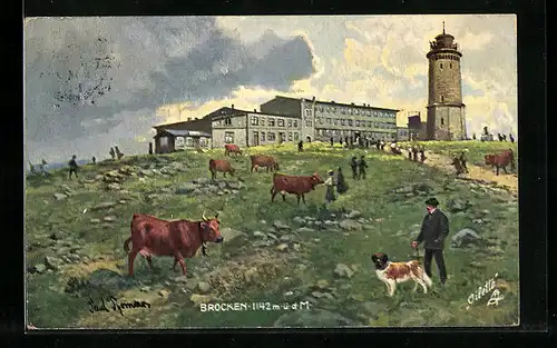 Künstler-AK Brocken, Brocken-Hotel und Aussichtsturm