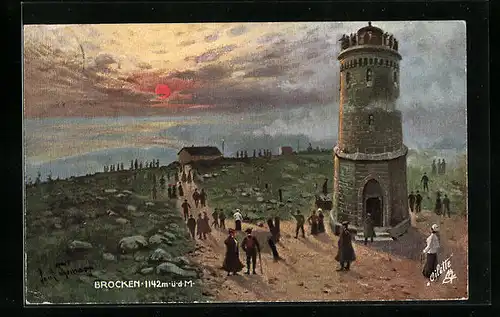 Künstler-AK Brocken, Besucher auf der Brocken-Kuppe mit Aussichtsturm