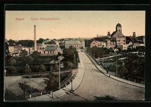 AK Sagan, Kaiser Wilhelmbrücke mit Ortsblick aus der Vogelschau