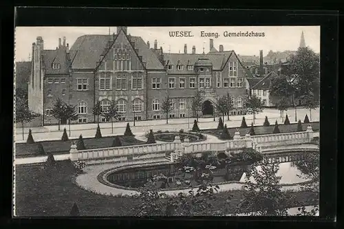 AK Wesel /Rh., Ev. Gemeindehaus mit Anlage und Strasse