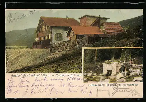 AK Gebweiler Belchen, der Gasthof Belchenkopf, der Schlumberger Brunnen am Judenhutplan