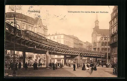 AK Hamburg, Rödingsmarkt-Grasskeller-Ecke mit Hochbahn, U-Bahn