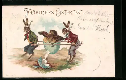 Lithographie Fröhliche Ostern!, Osterhasen mit Küken in Sänfte