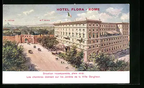 AK Rom, Hotel Flora mit Park der Villa Borghese und des Pincio