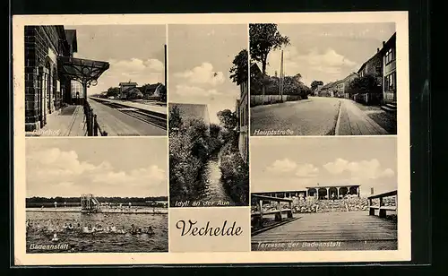 AK Vechelde, Bahnhof, Badeanstalt mit Terrasse, Hauptstrasse