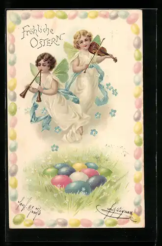 Lithographie Fröhliche Ostern, Musizierende Osterengel und bunte Eier