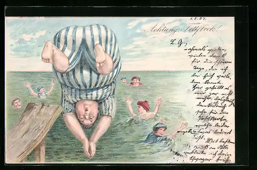 Lithographie Beleibter Schwimmer wagt einen Kopfsprung