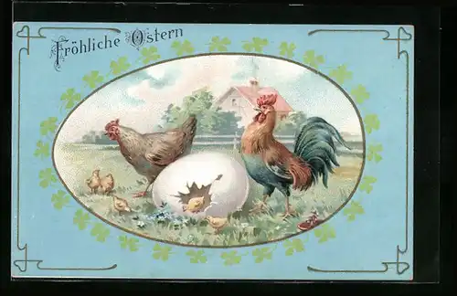 AK Fröhliche Ostern!, Hühner mit frisch geschlüpften Küken