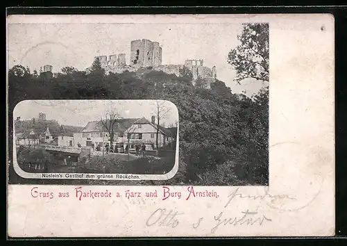 AK Harkerode a. Harz, Nüsleins Gasthof zum grünen Röckchen, Burg Arnstein