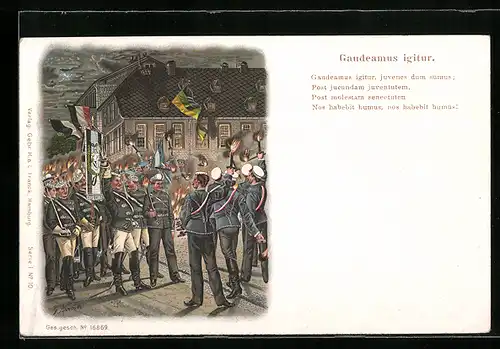 Lithographie Gaudeamus igitur, Burschenschafter in vollem Wichs mit Fackeln, studentische Szene