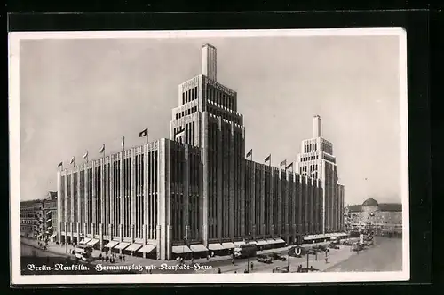 AK Berlin-Neukölln, Hermannplatz with Karstadt-building, Hermannplatz mit Karstadt-Haus