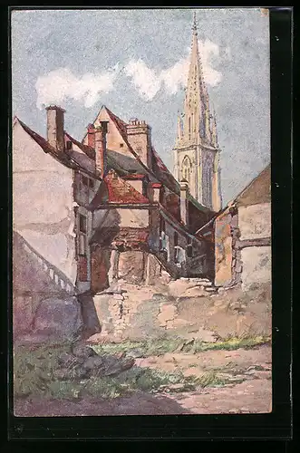 Künstler-AK Mulhouse, Rue de la Moselle & Église Protestante St-Étienne