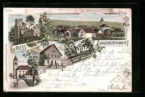 Lithographie Langensteinbach, Buchdruckerei F. Rühle, Forsthaus, Ortsansicht