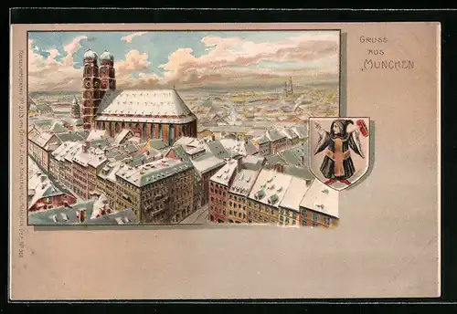 Winter-Lithographie München, Frauenkirche im Stadtbild