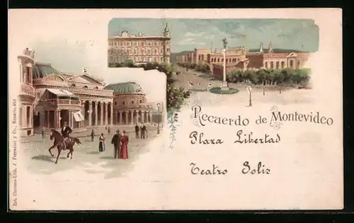 Lithographie Montevideo, Strassenpartie mit Denkmal, Ortspartie