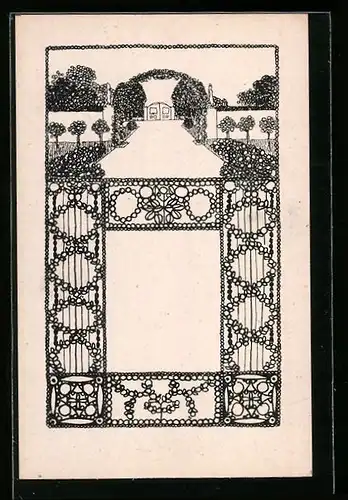 Künstler-AK Wiener Werkstätte Nr. 12: Eingang zu einem herrschaftlichen Garten, florale Ornamentik