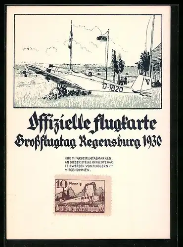 Künstler-AK Regensburg, Grossflugtage 1930, Flugzeug auf dem Startfeld