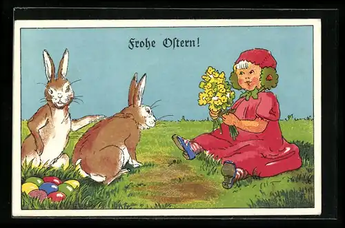 AK Mädchen mit Blumen und Osterhasen im Grünen