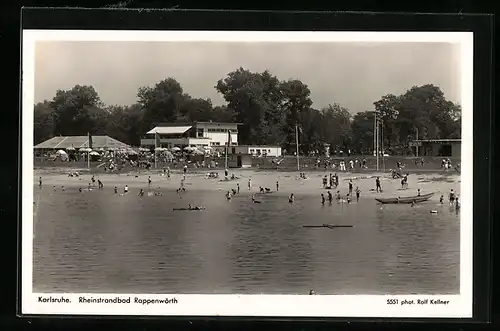 AK Karlsruhe, Rheinstrandbad Rappenwörth, vom Wasser gesehen