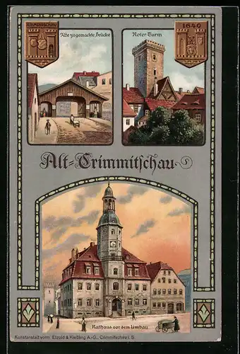 Künstler-AK Crimmitschau, Festpostkarte Stadtrechtsfeier 1914, Rathaus, Roter Turm