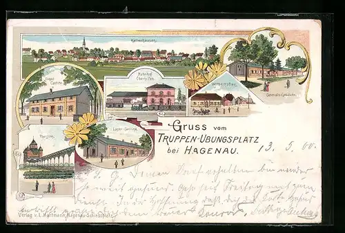 Lithographie Hagenau, Truppen-Übungsplatz, Bahnhof Oberhofen, Wirtschaften, Depot-Cantine