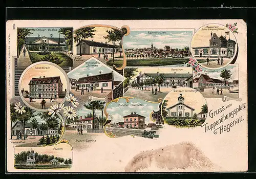 Lithographie Oberhofen, Wirtschaf zum Schwan, Hotel Hirsch, Bahnhof, Pavillon