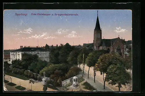 AK Saarburg, Ecke Pfalzburger-und Saargemünderstrasse, Blick zur Kirche