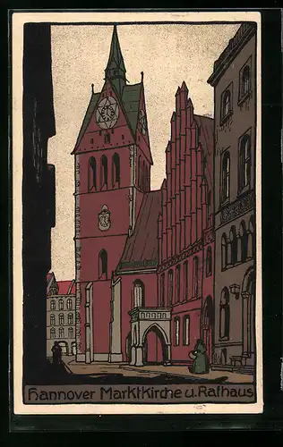 Steindruck-AK Hannover, Marktkirche & Rathaus