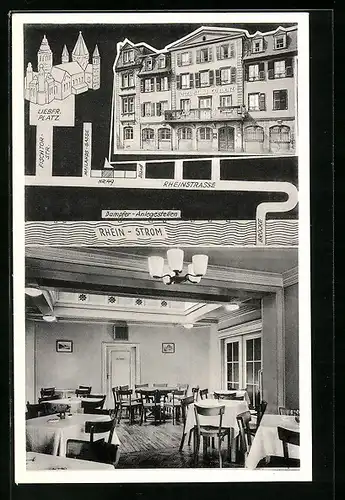 AK Mainz, Hotel Stadt Coblenz, Rheinstrasse 49, Innen- und Aussenansicht, Wegeplan